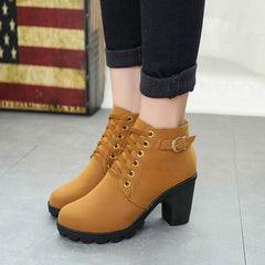 Chunky Block Heel Boots Buckle Ankle Boots Women Shoes - ProTrendyz