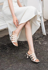 Women's French Retro Woven Strap High Heel Slides, New Summer Style, Stiletto Heel, Square Toe, Open Toe Sandals For Outdoor Wear