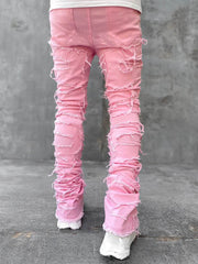 Men Trousers Individual Patched Pants Long Tight Fit Stacked Jeans For Mens Clothing - ProTrendyz