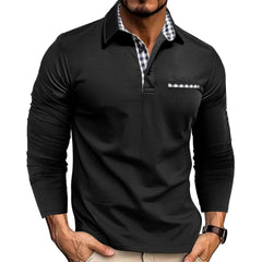 Casual Plaid Splicing Lapel Polo Shirt Fashion Solid Color Long Sleeve Top Men's Clothing