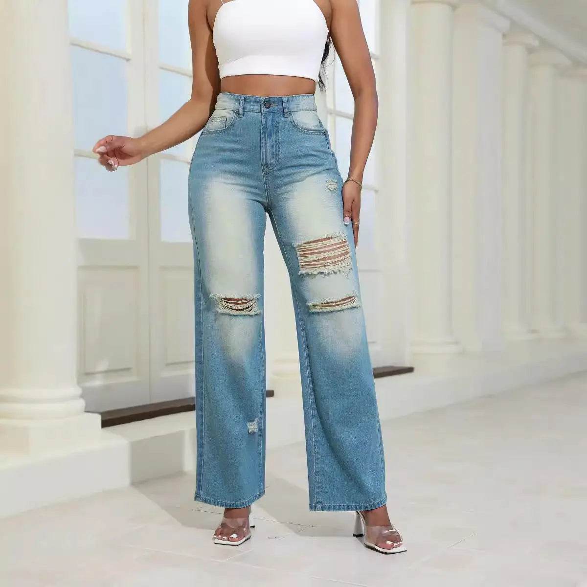 Fashion High Waist Ripped Jeans With Pockets Comfortable Slim Fit Trousers Straight Wide-leg Pants Womens Clothing - ProTrendyz