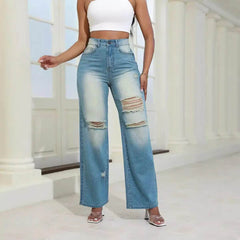 Fashion High Waist Ripped Jeans With Pockets Comfortable Slim Fit Trousers Straight Wide-leg Pants Womens Clothing - ProTrendyz