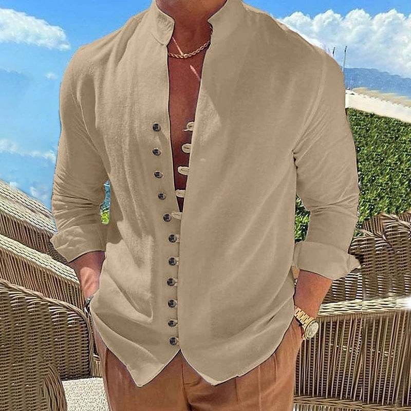 Retro Button Design Long-sleeved Shirt Men's Casual Loose Top Mens Clothing - ProTrendyz