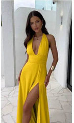 Sexy Halterneck V-neck Slit Dress Summer Backless Strappy Skirt Fashion Temperament Clothing Women - ProTrendyz