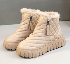 Women's Plaid Pattern Platform Ankle Boots Casual Side Zipper Plush Lined Snow Boots Winter Comfortable Short Boots - ProTrendyz