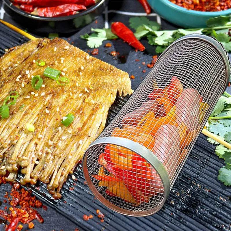 Rolling Grilling Basket Metal BBQ Barbecue Basket Net Portable Outdoor Camping Barbecue Rack Kitchen Gadgets - ProTrendyz