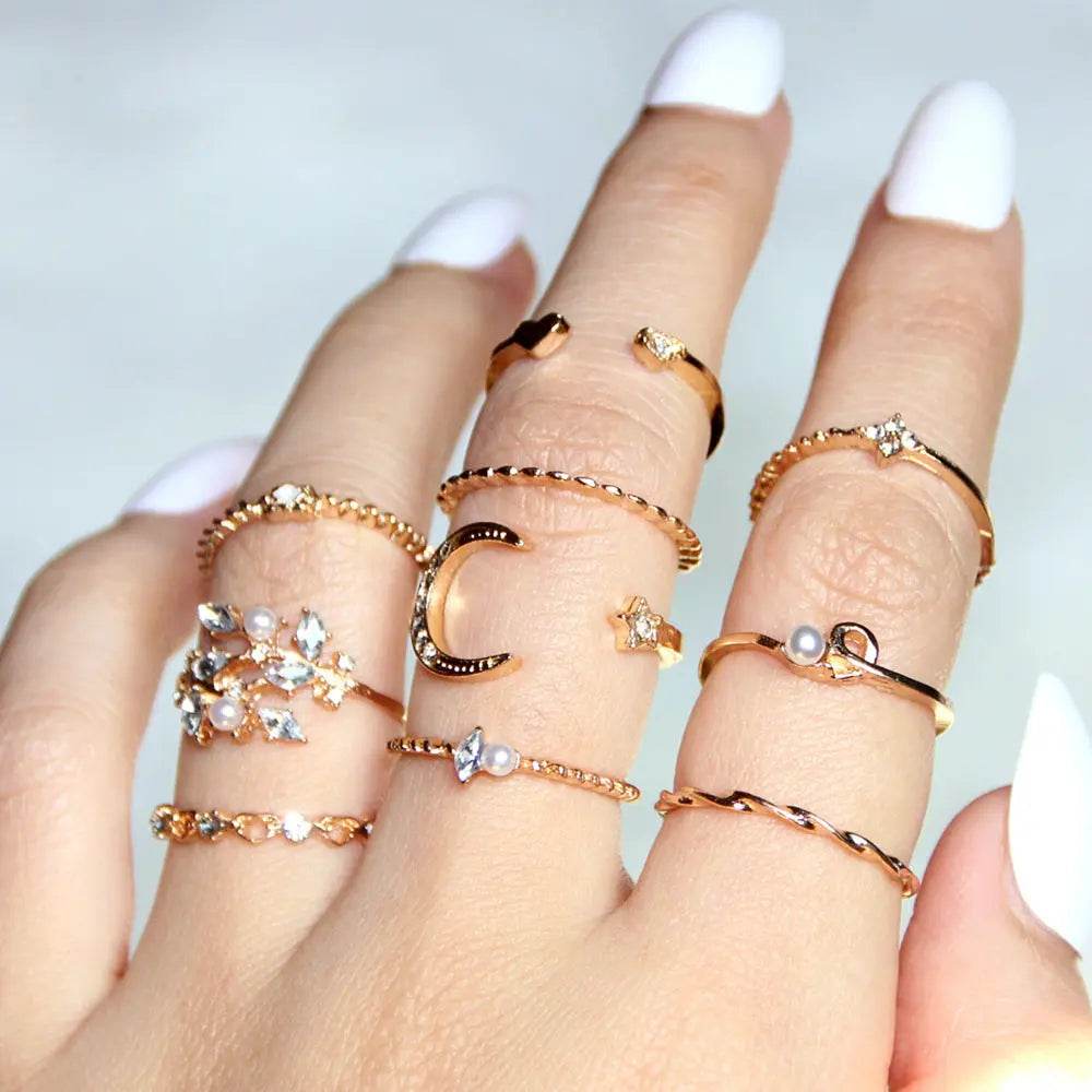 Bohemian Fashion Star Moon Love Pearl Leaf 10-Piece Ring - ProTrendyz