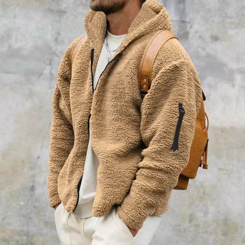 Plush Hooded Jacket Men's Autumn And Winter Fleece Double-sided Wear Warm Coat With Zipper Loose Casual Jacket Outdoor Clothing - ProTrendyz