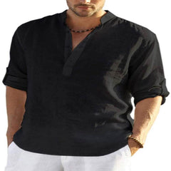 Men's Casual Cotton Linen Solid Color Long Sleeve Shirt Loose Stand Collar - ProTrendyz