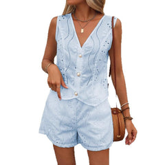 Solid Color Casual V-neck Vest Button Shorts Suit Women