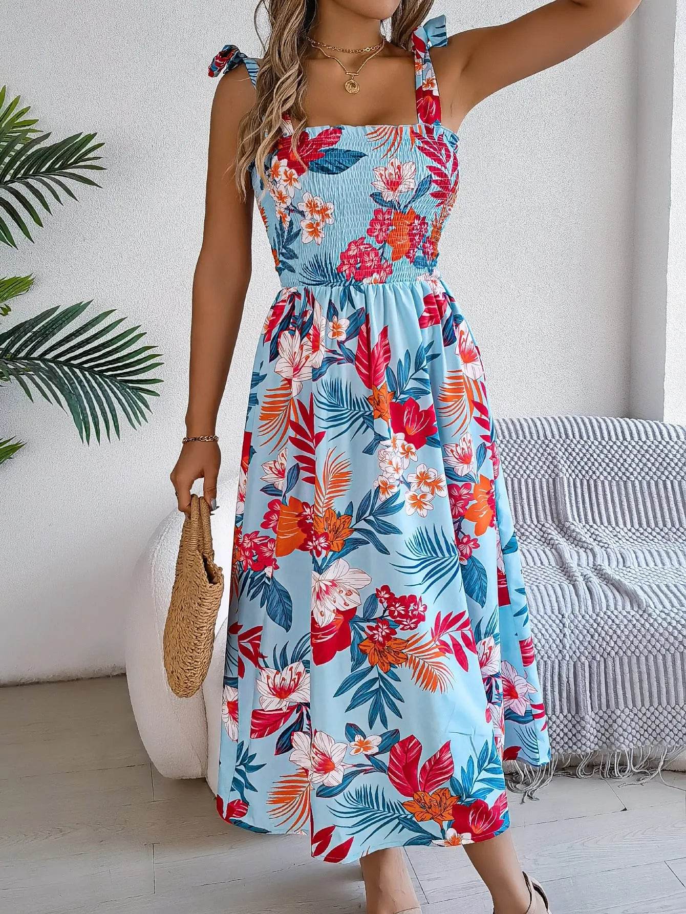 Flowers Print Suspender Corset Dress Ins Fashion Holiday Beach Long Dresses Summer Clothing For Women - ProTrendyz