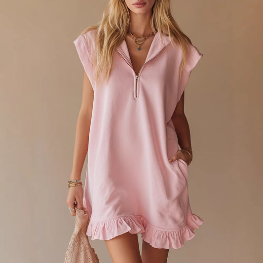 V-Neck Sleeveless Dress - Women's Casual Summer Dress With Two Front Pockets And Back Zipper Closure For Daily Wear