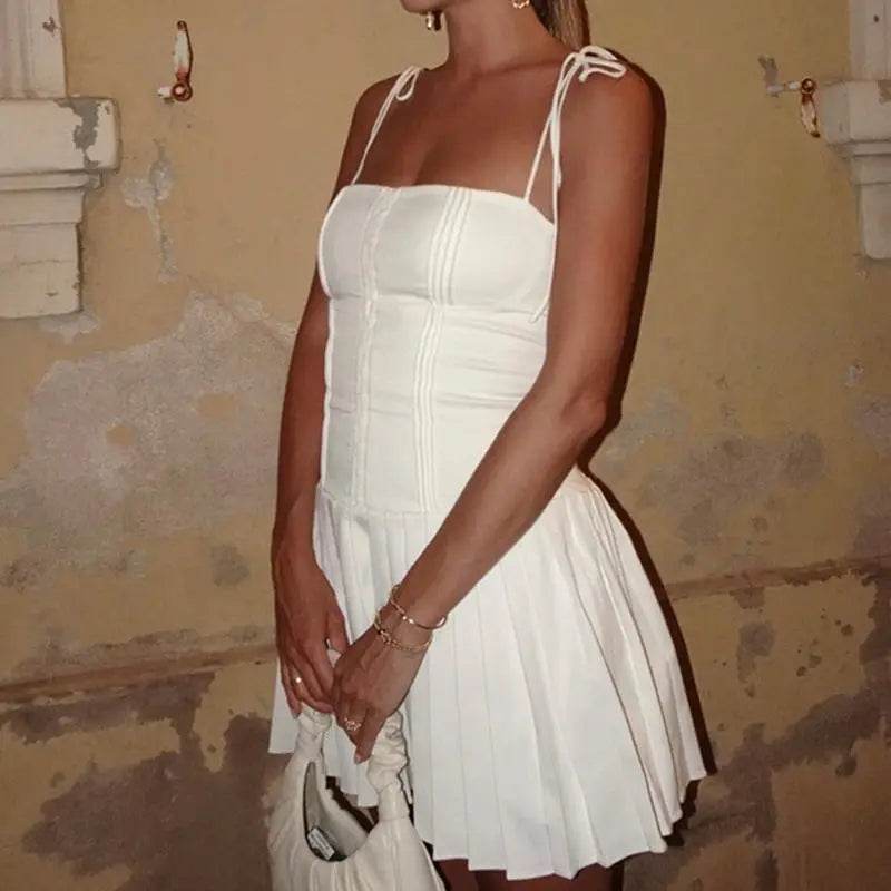 Summer Strappy Suspender Corset Dress French Style Slim Single Breasted Bodycon Pleated Skirt Fashion Lace-up Backless Party Dresses For Women - ProTrendyz