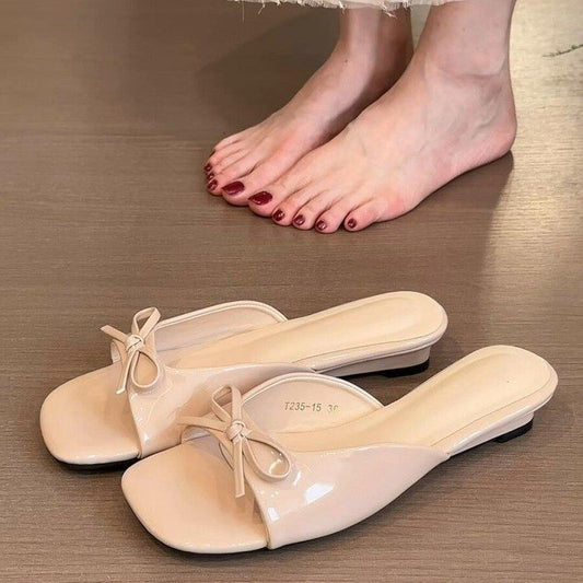 Women's French Style High Heel Slide Sandals, 2026 New Summer Outdoor Wear, Square Toe Wedge Heel, Bowknot Elegant Slippers