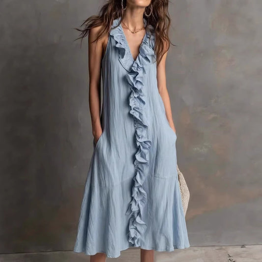 Solid-color Sleeveless Cotton-Linen V-Neck Maxi Dress With Ruffled Hem