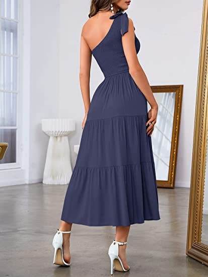 New Summer Fashion Women's One-shoulder Pleated Layered Hem Split Dress - ProTrendyz