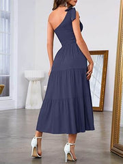 New Summer Fashion Women's One-shoulder Pleated Layered Hem Split Dress - ProTrendyz
