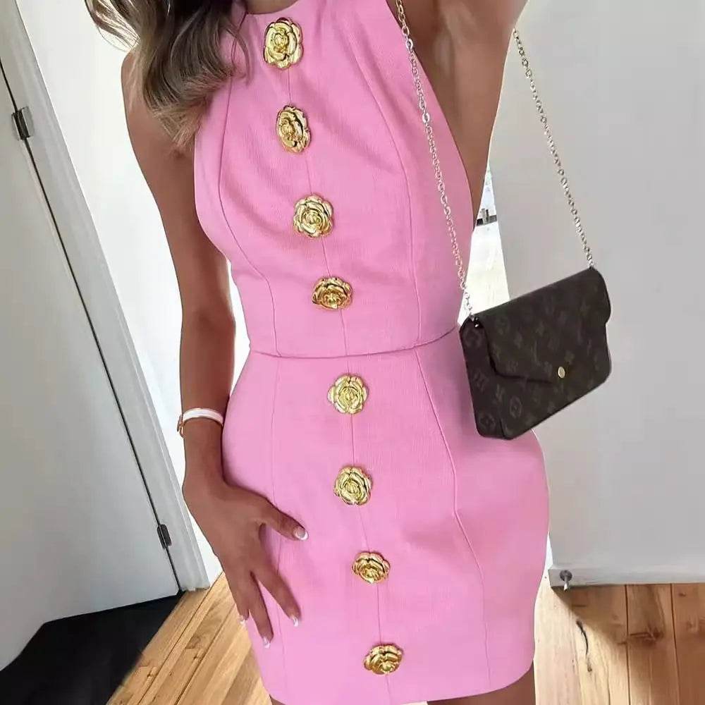 Sweet Sleeveless Backless Dress With Rose Button Design Summer Street Fashion Dresses Womens Clothing - ProTrendyz