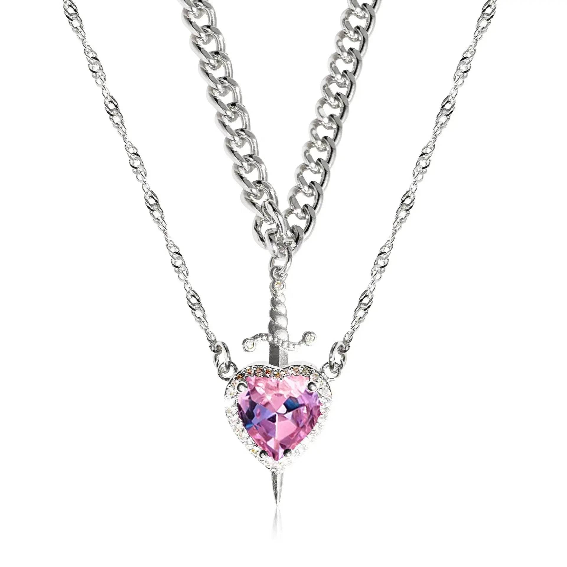 New Heart And Sword Necklace Set Gold Color Stainless Steel Crystal Couple Necklaces For Women Men Boyfriend Girlfriend Gifts - ProTrendyz