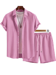 Men's Solid Color Lapel Short-Sleeve Shirt And Shorts Set