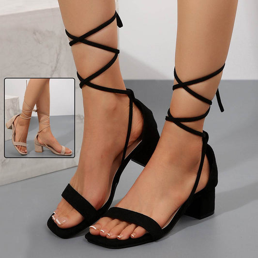 Summer Lace-up Sandals Fashion Square Toe Chunky Heel Shoes For Women - ProTrendyz
