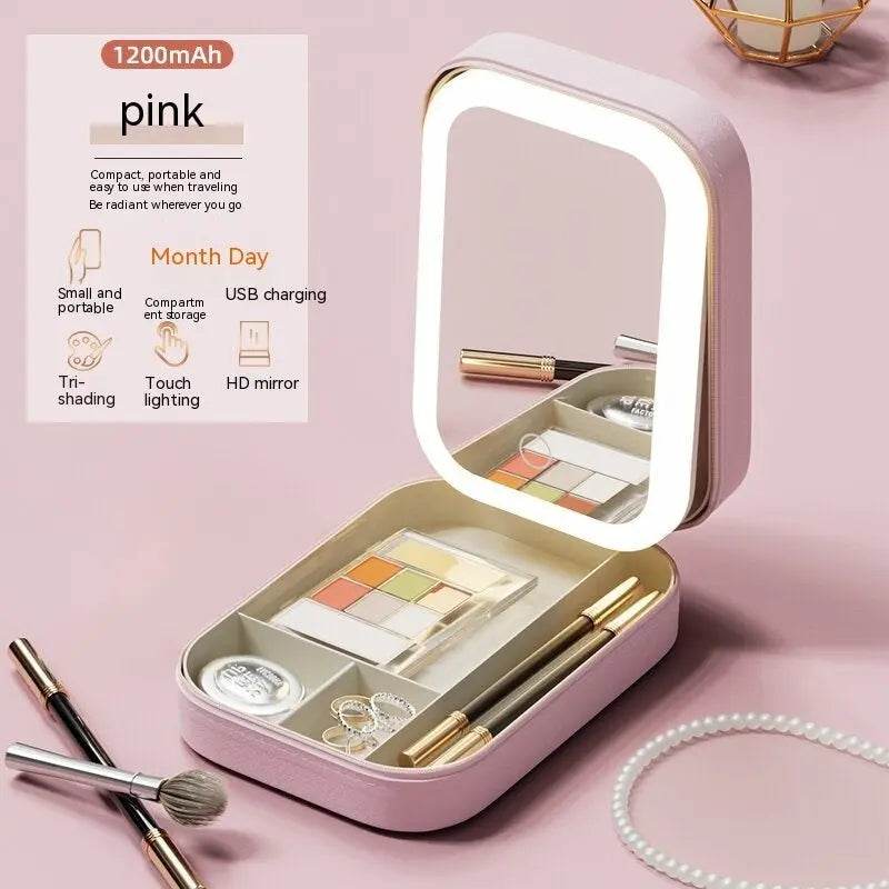 Makeup Storage Box With LED Light Mirror Portable Travel Makeup Cosmetics Storage Box Touch Light Storage Organizer - ProTrendyz