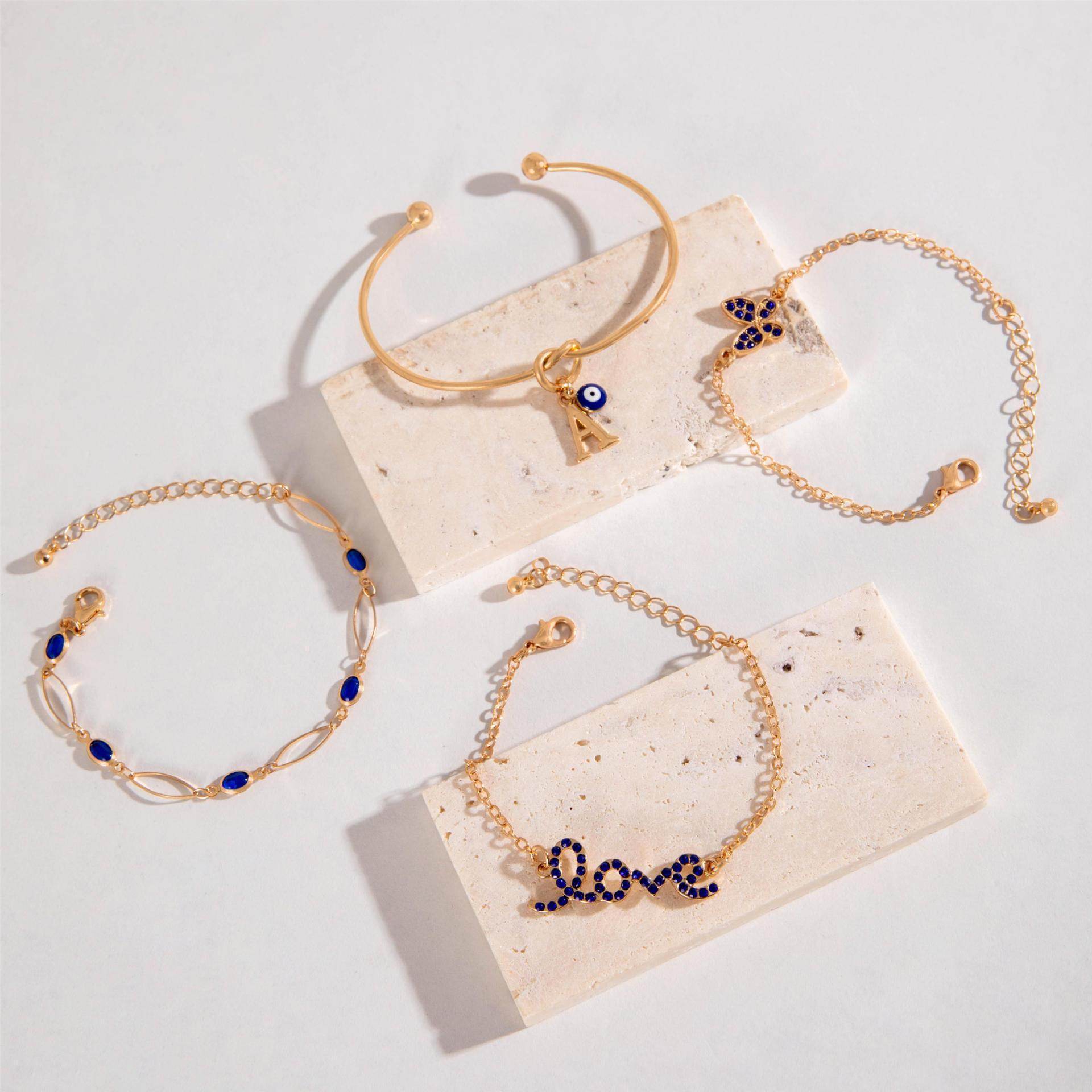 4pcs Blue Flower Love Butterfly Bracelet Set With Rhinestones Design Valentines Day - ProTrendyz