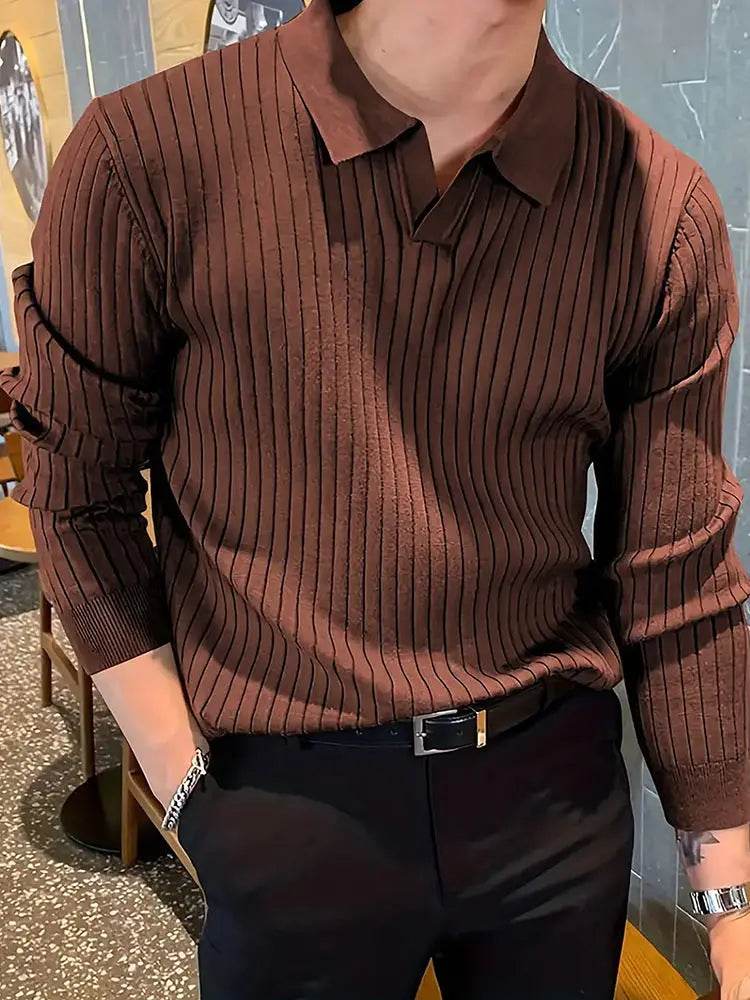 Lapel Texture Stretch Slim Knit Polo Shirt Men Polo Shirt Fashion Waffle Long-sleeved Tops Clothing Casual Comfortable Golf Men's Clothing - ProTrendyz