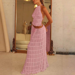 2pcs Women's Dress Suit Sexy Sleeveless Backless Cropped Halter Top And Pleated Long Skirt Beach Clothing - ProTrendyz
