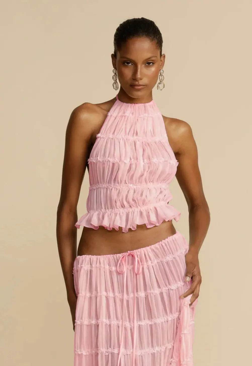 2pcs Women's Dress Suit Sexy Sleeveless Backless Cropped Halter Top And Pleated Long Skirt Beach Clothing - ProTrendyz