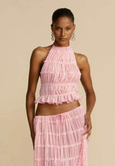 2pcs Women's Dress Suit Sexy Sleeveless Backless Cropped Halter Top And Pleated Long Skirt Beach Clothing - ProTrendyz
