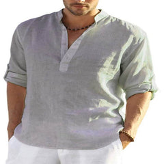 Men's Casual Cotton Linen Solid Color Long Sleeve Shirt Loose Stand Collar - ProTrendyz