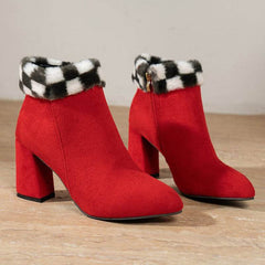 New Plaid Print Plush Ankle Boots Winter Fashoin Square Heel Suede Boots Women Casual Versatile Shoes Autumn And Winter - ProTrendyz