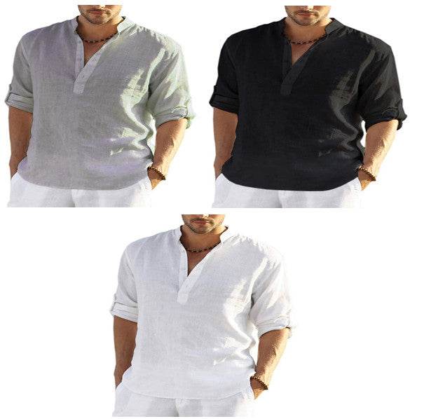 Men's Casual Cotton Linen Solid Color Long Sleeve Shirt Loose Stand Collar - ProTrendyz