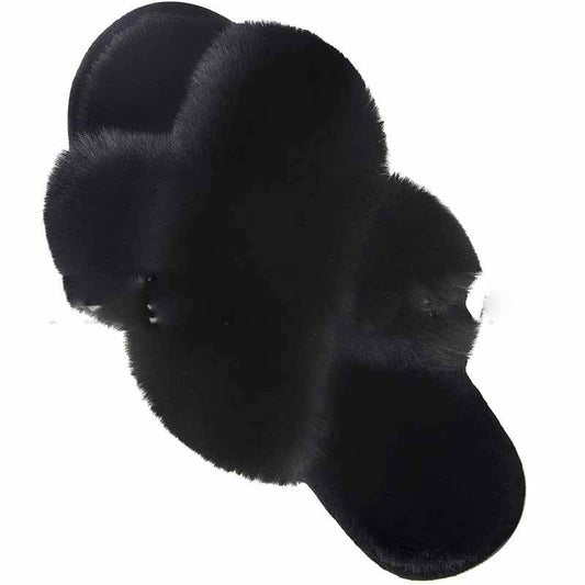 Women Fashion Warm Fluffy Slippers Cozy Faux Fur Cross Indoor Floor Slides Flat Soft Furry Ladies Female Celebrities Flip Flops - ProTrendyz