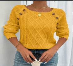 Square Neck Knitted Sweater With Button Design Winter Warm Long Sleeve Tops Women's Clothing - ProTrendyz