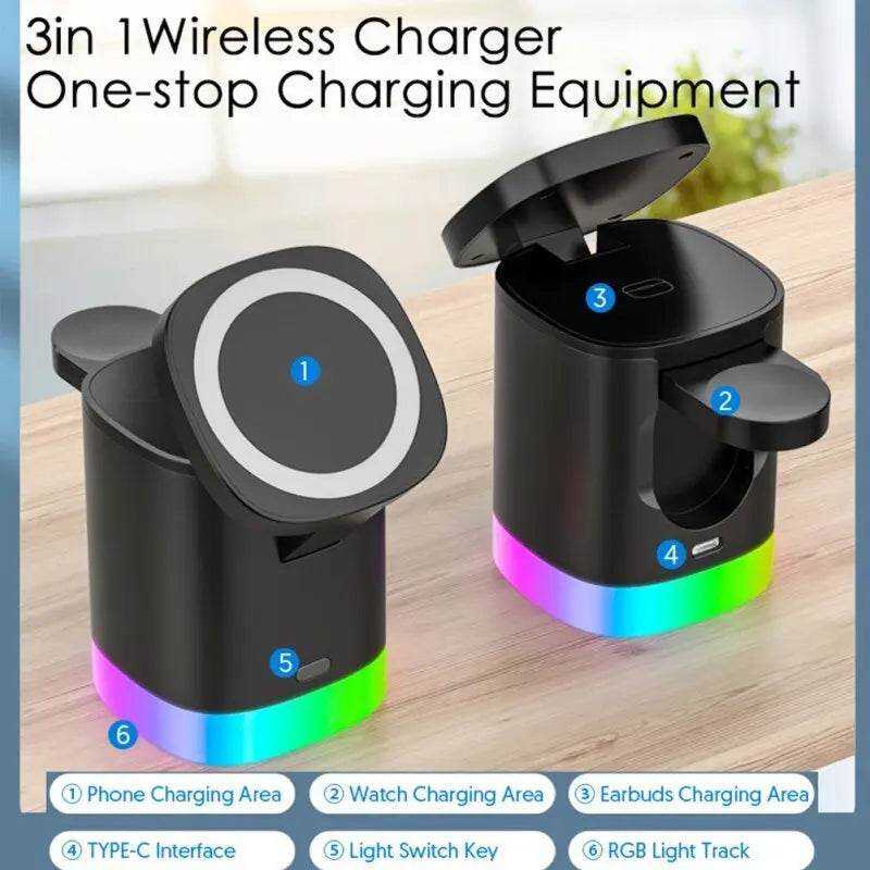 3 In 1 Magnetic Wireless Fast Charger For Smart Phone RGB Ambient Light Charging Station For Airpods IWatch - ProTrendyz