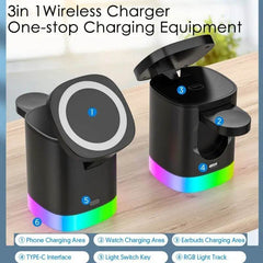 3 In 1 Magnetic Wireless Fast Charger For Smart Phone RGB Ambient Light Charging Station For Airpods IWatch - ProTrendyz